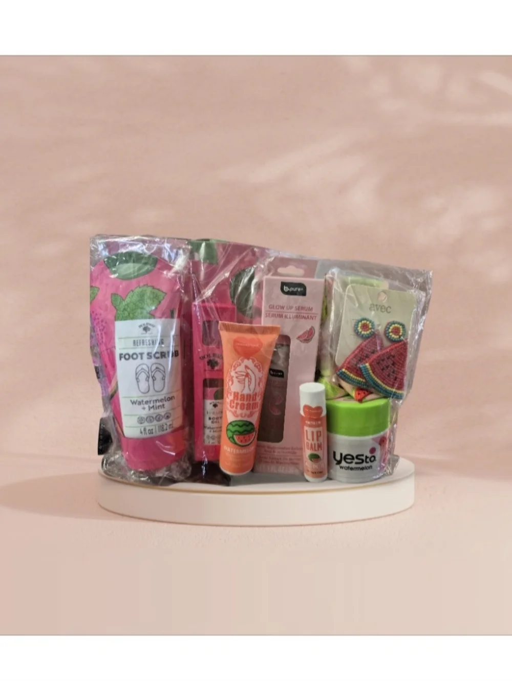 Watermelon Self Care Gift 10pc Set- Hand Cream, Foot Scrub, Glow Serum etc & Bag